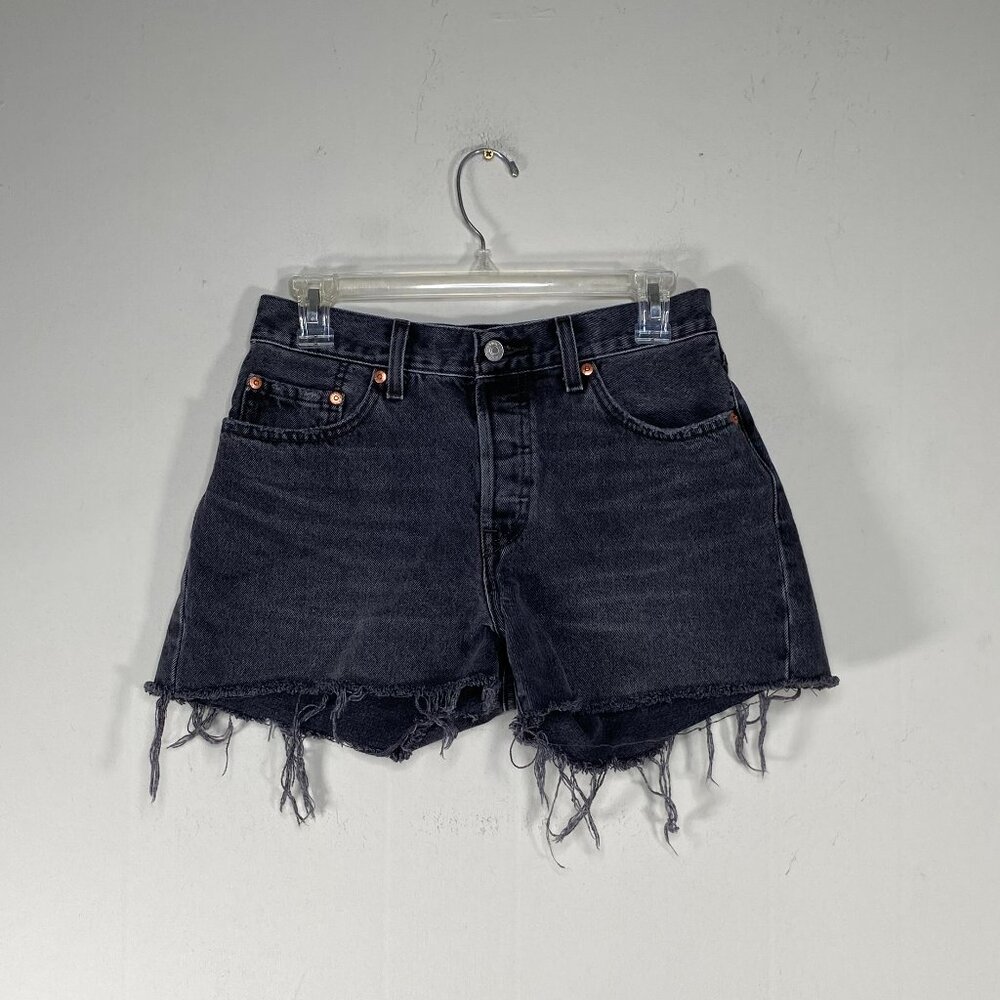 Levi's 501 Premium Denim Jean Shorts Women W27 Black-ish Gray Distressed Chewed